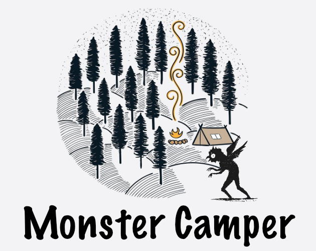A cute little creepy monster guy with wings in silhouette in mid Thriller move in front of his little tent and fire in the forest