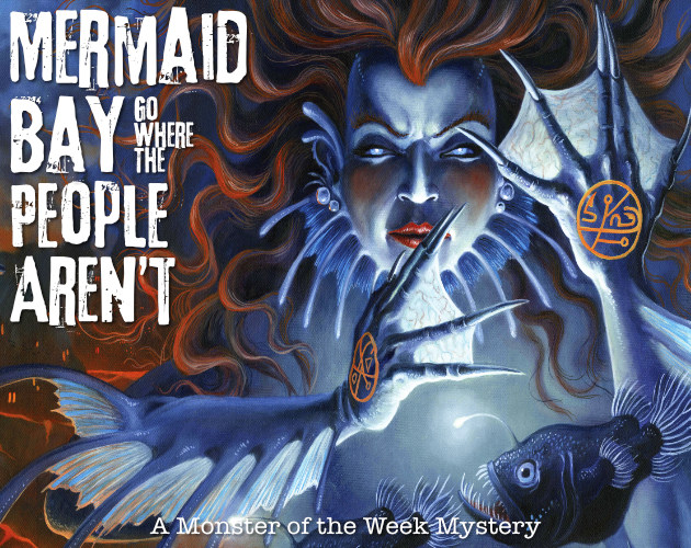 An alluring eerie blue mermaid with gills and webbed fingers and dull orange hair