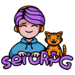 Cute logo of a chibi style woman with purple hair and her orange cat, with text that reads: seroRPG